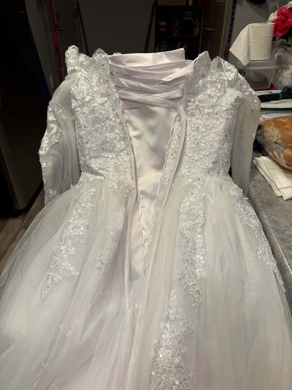 White Off-the-Shoulder Lace Long Sleeve Wedding Dress with Corset Back, Size 6